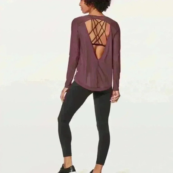 Lululemon Mix and Mesh Long Sleeve Activewear Open Back Top Redwood and cream - Picture 6 of 11